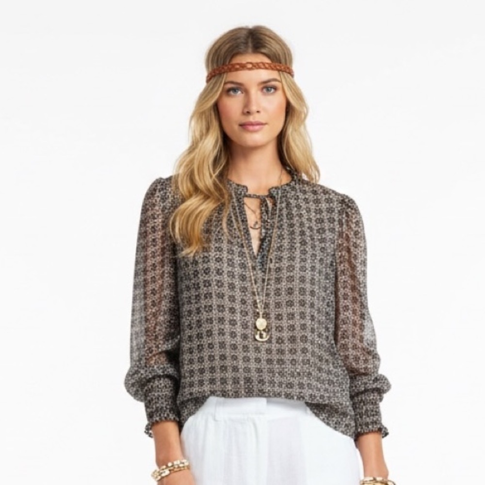 MISA Los Angeles Bohemian Geometric  Puff Long Sleeve Blouse Top Womens Sz XS